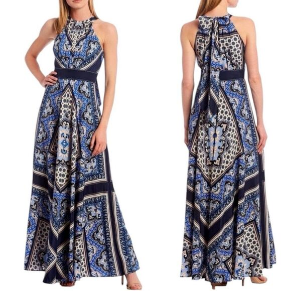 Eliza J Maxi Dress Gown Size 4 scarf floral print halter neck  blue, white, and - Picture 1 of 10
